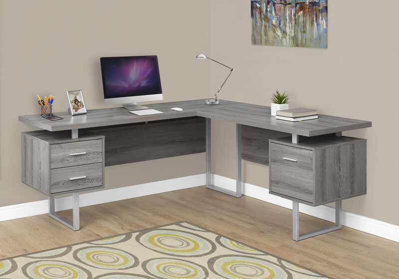 Computer Desk, Home Office, Corner, Left, Right Set-Up, Storage Drawers, 70"L, L Shape, Work, Laptop, Metal, Laminate, Brown, Grey, Contemporary, Modern