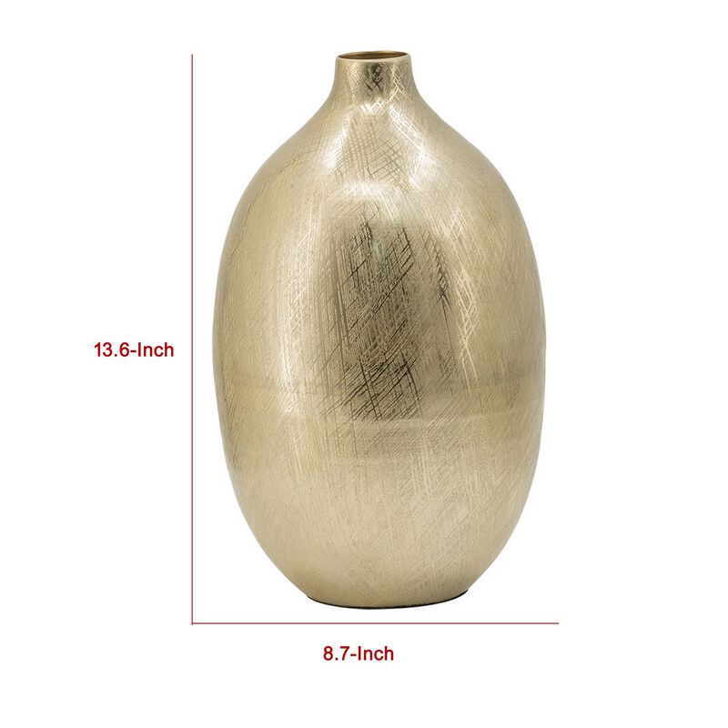 Pansy 14 Inch Modern Vase, Metal, Tall Curved Shape, Bottleneck, Gold  - Benzara