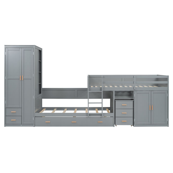 Merax Bunk Bed with Trundle, Cabinet, and Wardrobe