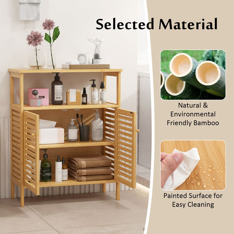 Costway Bamboo Storage Cabinet with Double Louvered Doors Open Shelf & Removable Shelf