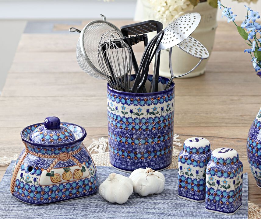 Blue Rose Polish Pottery Spring Blossom Utensil Jar