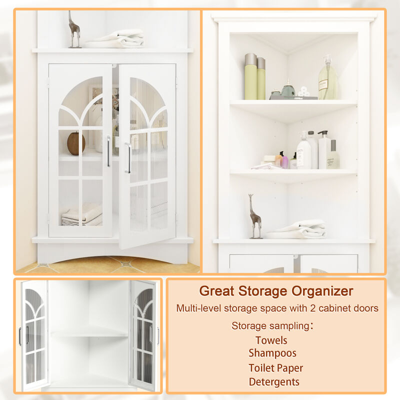 MONDAWE 63.3" Tall Freestanding Bookcase Corner Storage Cabinet with Doors and Adjustable Shelves 5-Tier Corner Display Cabinet