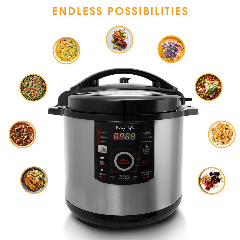 Megachef 12 Quart Steel Digital Pressure Cooker with 15 Presets and Glass Lid