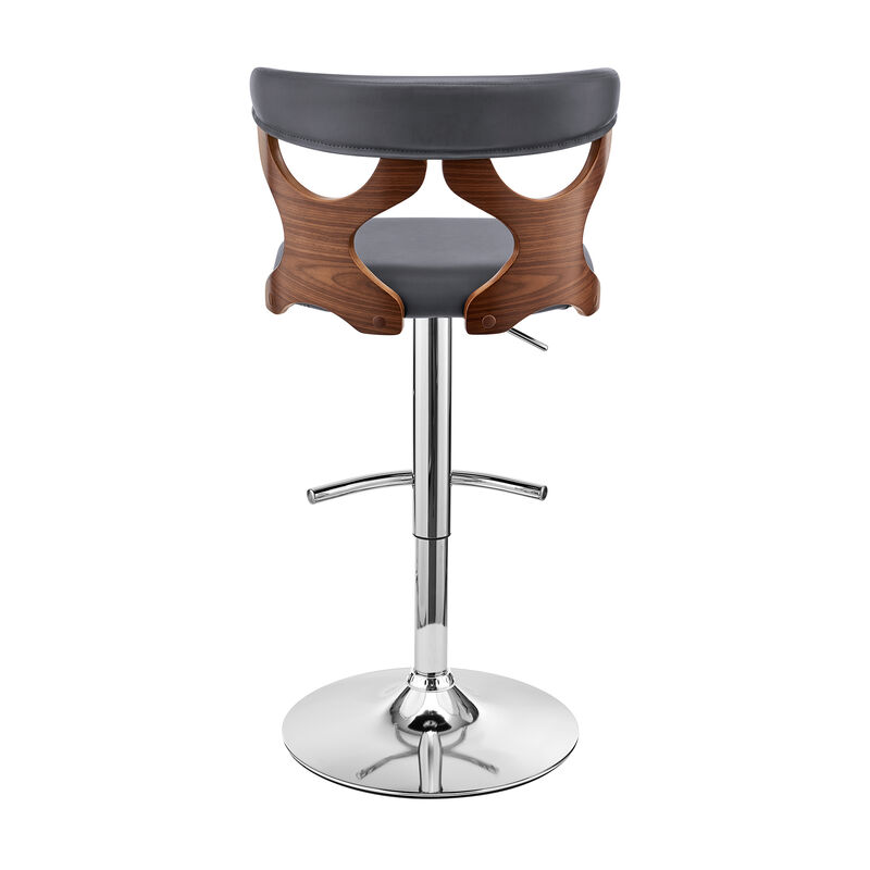 Ruth Adjustable Swivel Grey Faux Leather and Walnut Wood Stool with Chrome Base