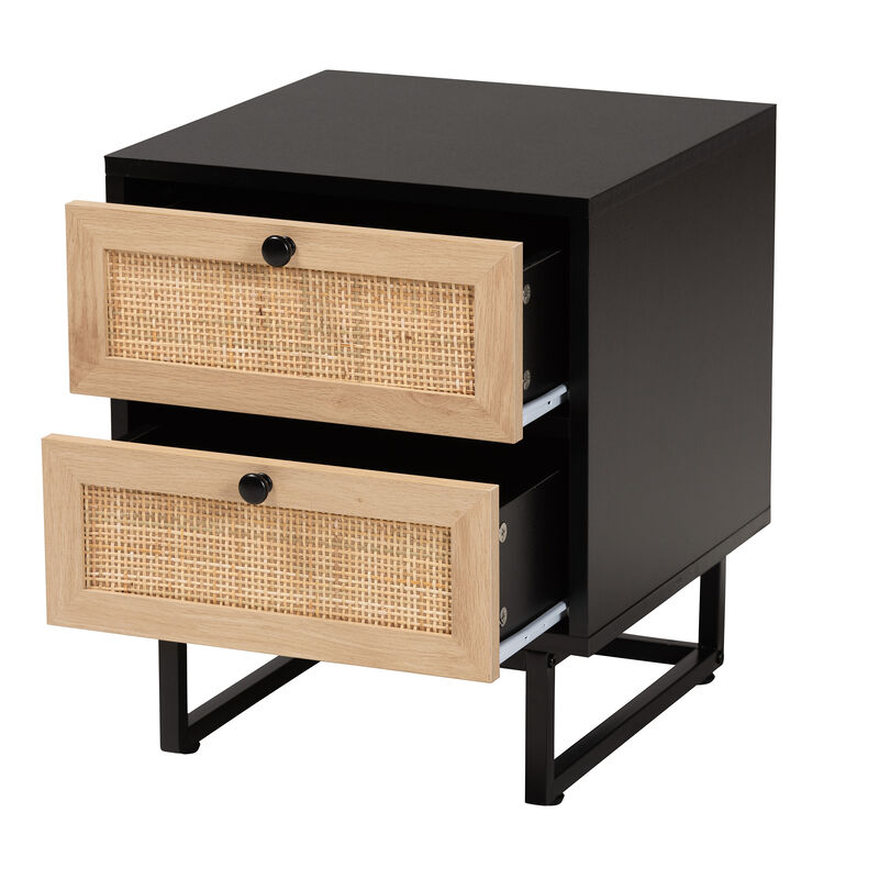 Baxton Studio Declan  Espresso Brown Finished Wood and Natural Rattan 2 Drawer End Table