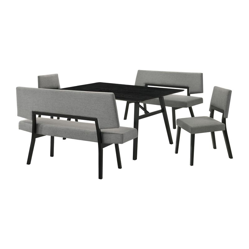 Yumi 5 Piece Dining Table Set, Chairs, Bench, Charcoal Fabric, Black - Benzara