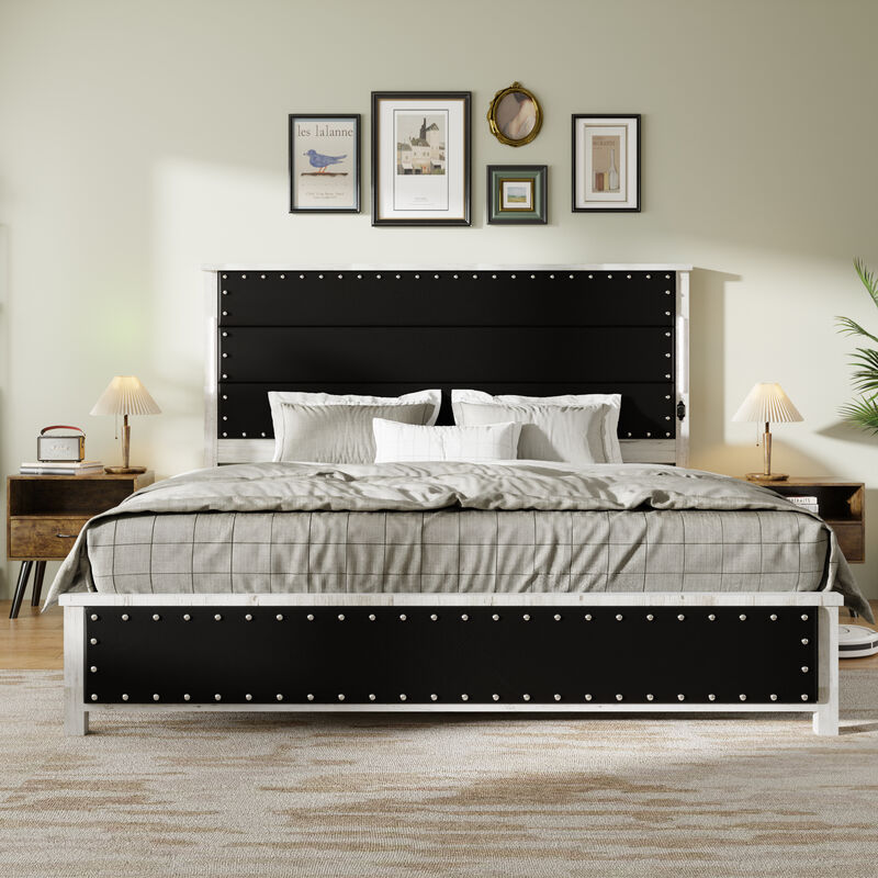 Size Bed Frame with Upholstered Headboard, Bed Frame with Charging Station and LED Lights, Wood Slats, Dark Gray Faux Leather & Rivets, No Box Spring Needed, Easy Assembly