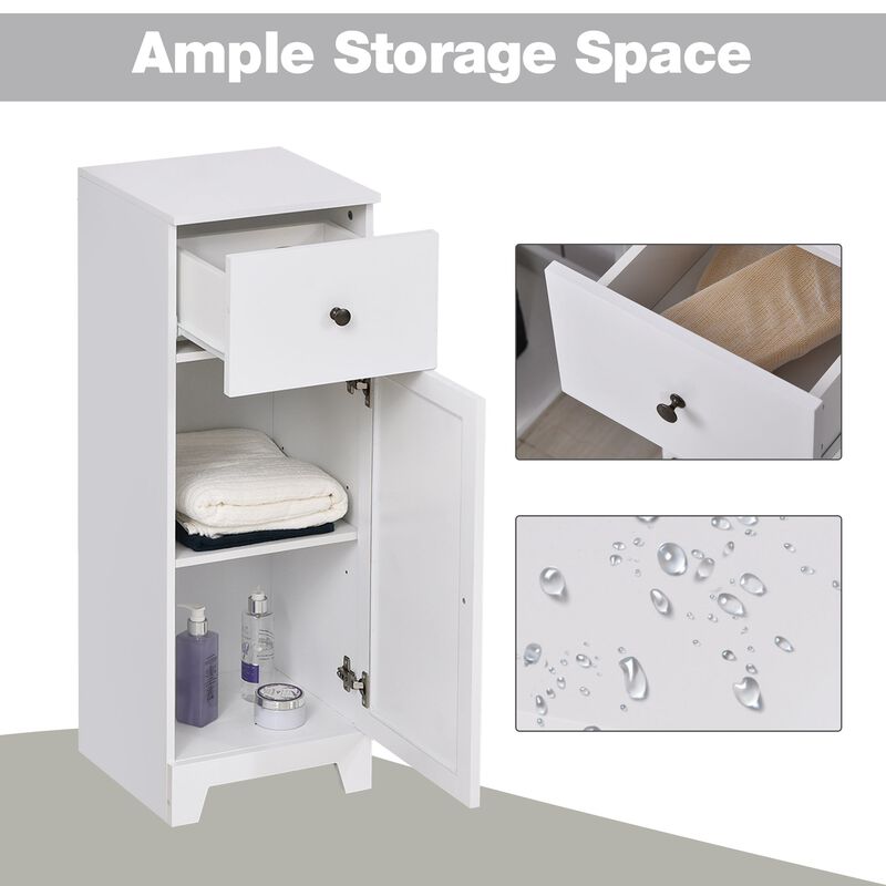 White Bathroom Storage: Small Floor Cabinet with Drawer & Shelf
