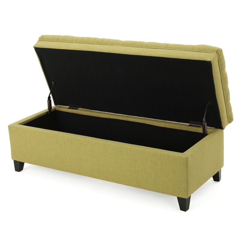 Rhya Storage Ottoman Bench, Soft Green Fabric, Black Wood, 50 Inch -Benzara
