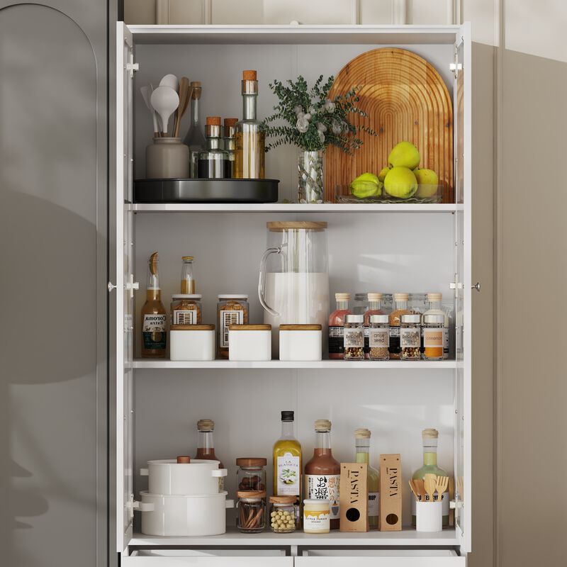 FUFU&GAGA Kitchen Pantry Cabinet with Glass Doors and Adjustable Shelves (31.5” W x 15.7” D x 78.7” H),White