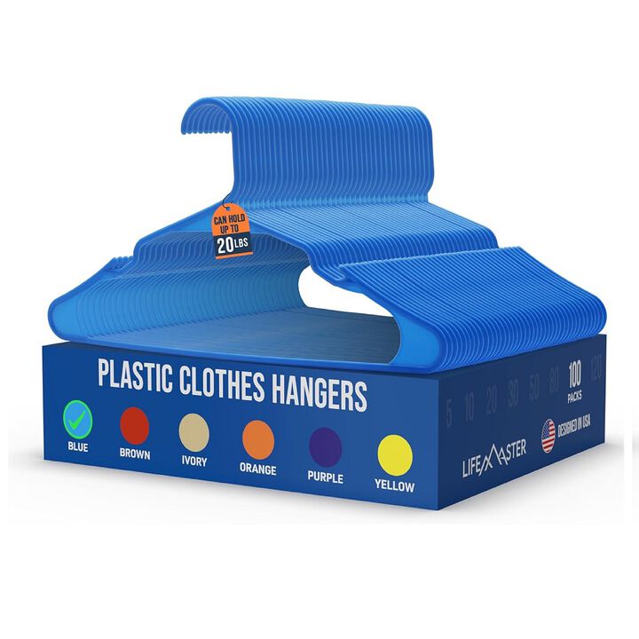 Lifemaster Plastic Clothes Hangers – Heavy Duty Hanger Set, For Organizing Clothes, Dresses, and Coat, Holds Up To 5 lbs, Space-saving Hangers with Non-Slip Shoulder Grooves, Pack of 100, Blue