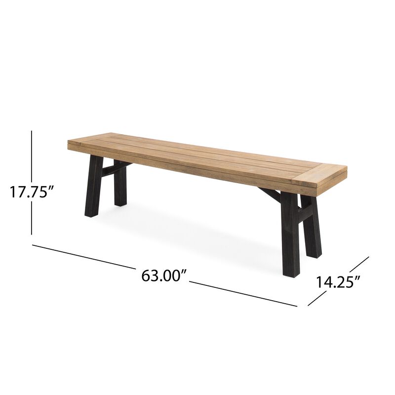 Wren Outdoor Bench with Slatted Top, 63 Inch Brown Acacia Wood, Black - Benzara
