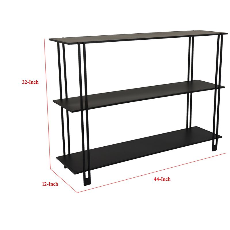 Rasha 3 Tier Storage Rack Rack, Spacious Shelves, Black Metal, 44 Inch - Benzara