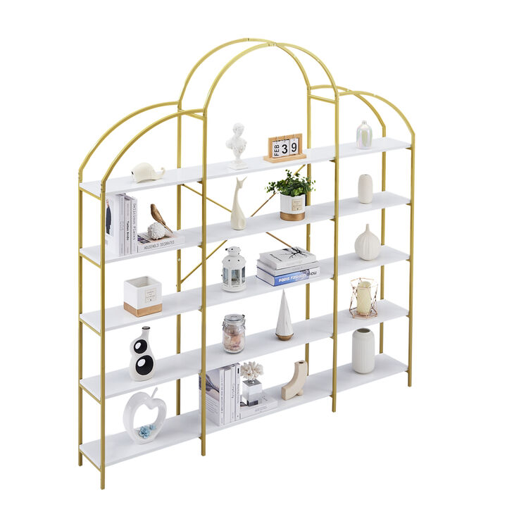 74.8 Inch 5 Tiers Office Bookcase Bookshelf, Display Shelf With Round Top, X Bar Frame