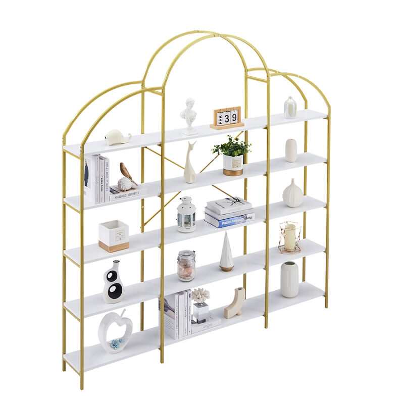 74.8 Inch 5 Tiers Office Bookcase Bookshelf, Display Shelf With Round Top, X Bar Frame