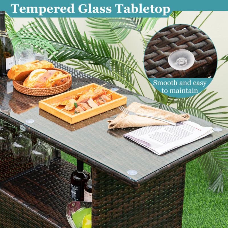 Hivvago 3 Pieces Outdoor Wicker Bar Set with 3 Rows Stemware Racks