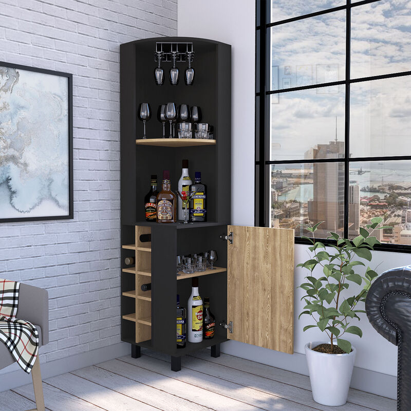 Corner Bar Cabinet Cleveland, Living Room, Black / Pine