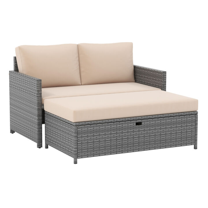 Outdoor Rattan Daybed Wicker Loveseat and 31 Gallon Storage Ottoman-Brown