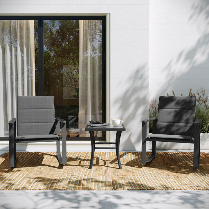 Flash Furniture Brazos 3 Piece Outdoor Rocking Chair Bistro Set with Flex Comfort Material and Steel Framed Glass Top Table