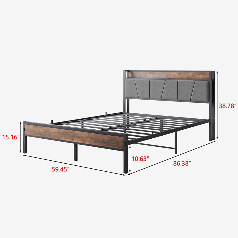 Hivvago QueenSized Platform Bedframe with Storage and Rustic Wooden Head Board