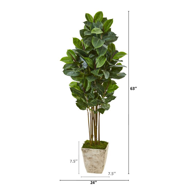 Hivvago 63 Inches Rubber Leaf Artificial Tree in Country White Planter