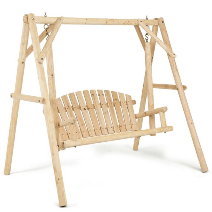 Hivvago Outdoor Wooden Porch Bench Swing Chair with Rustic Curved Back