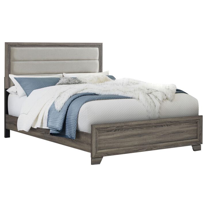 Reay King Size Bed, Oak Brown Wood, Tufted Tan Headboard Upholstery - Benzara