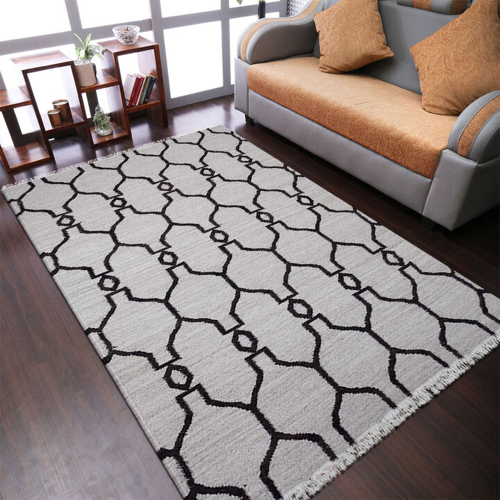 RUGSOTIC CARPETS HAND WOVEN FLAT WEAVE KILIM WOOL ECO-FRIENDLY AREA RUGS  - 4'x6', Rectangle Shape, White Brown Color, Contemporary Modern Design, Low Pile Handmade Rugs for Living Room (D00129)
