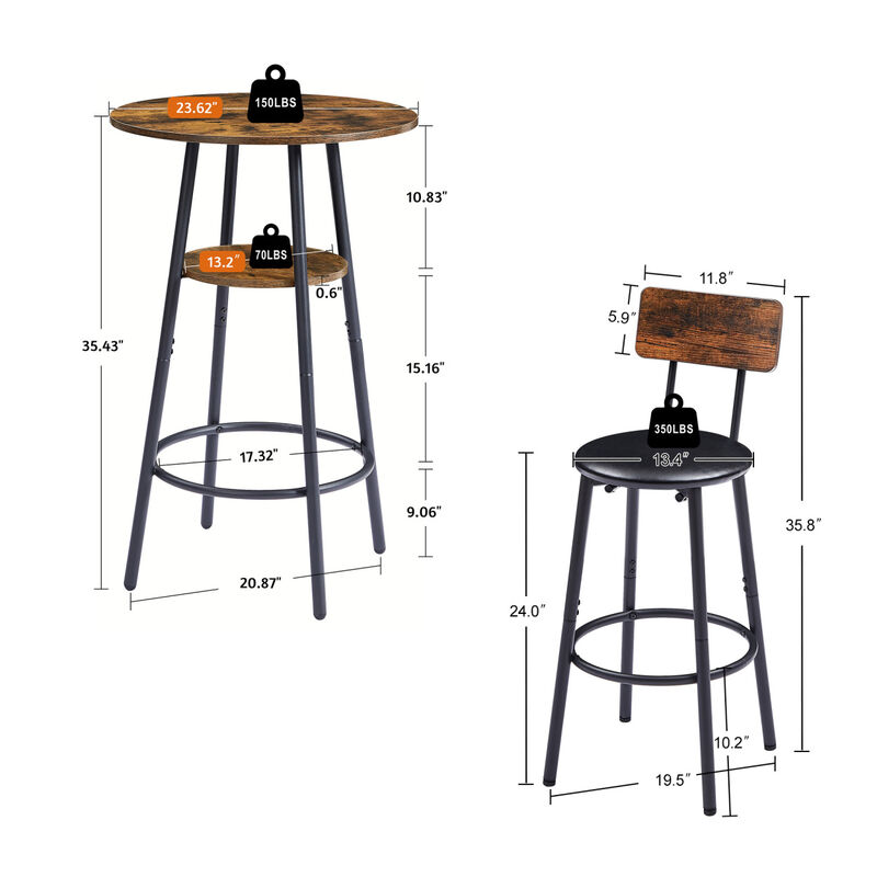 Upholstered Round Barstool Set with Backrest, Rustic Brown, 23.62" W X 23.62" D X 35.43"