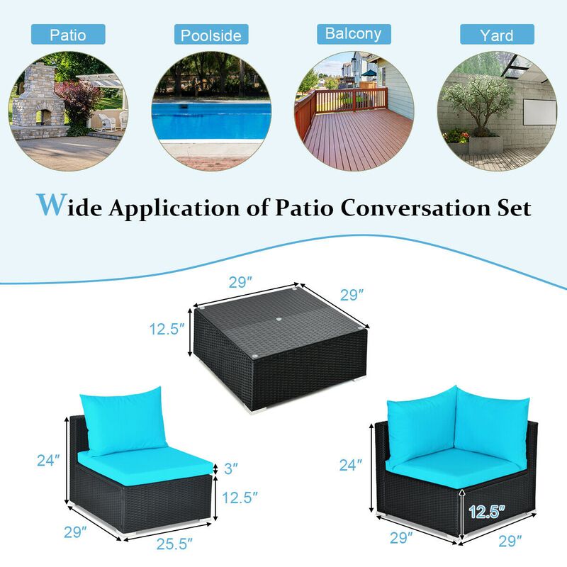 7 Pieces Sectional Wicker Furniture Sofa Set with Tempered Glass Top-Blue