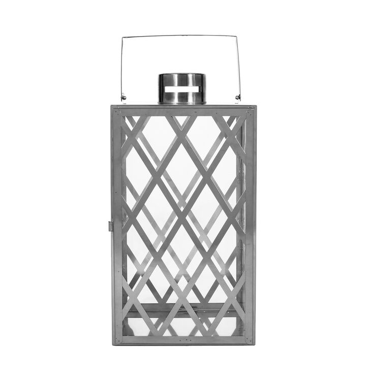 Dove 18 Inch Lantern, Lattice Silver Stainless Steel, Tempered Glass - Benzara