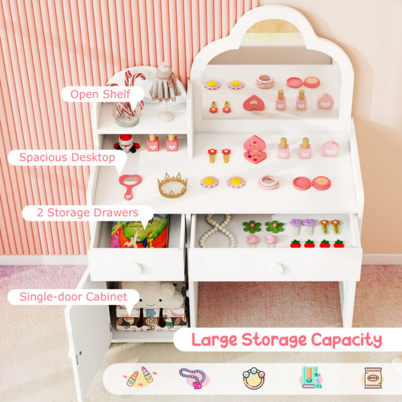Kids Vanity Table and Chair Set with Cloud-shaped Mirror and Open Shelf