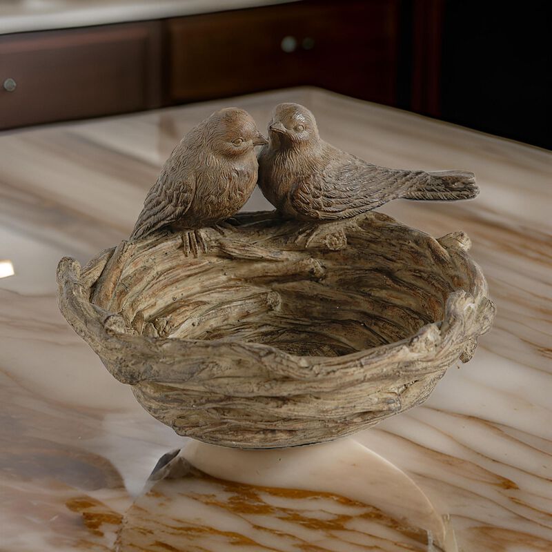 9 Inch Handcrafted Accent Table Bowl, Resin, Lovebirds Nest, Natural Brown - Benzara