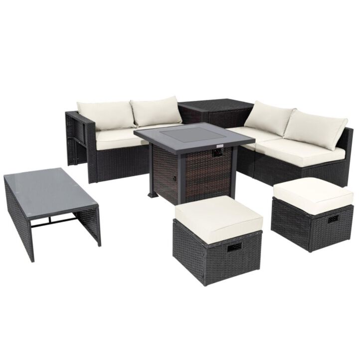 Hivvago 9 Pieces Patio Furniture Set with 32" Fire Pit Table and 50000 BTU Square Propane Fire Pit