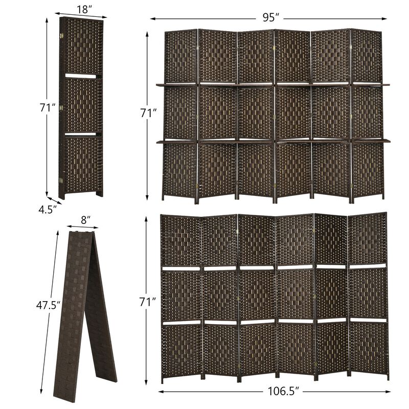 6 Panel Folding Weave Fiber Room Divider With 2 Display Shelves