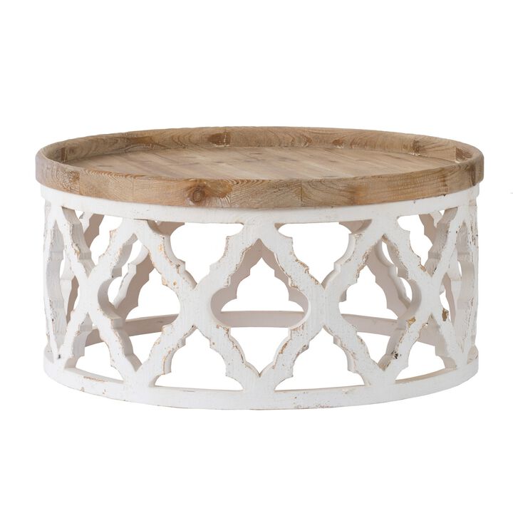 Ode 32 Inch Coffee Table, Round, Quatrefoil Lattice Design, Brown, White - Benzara