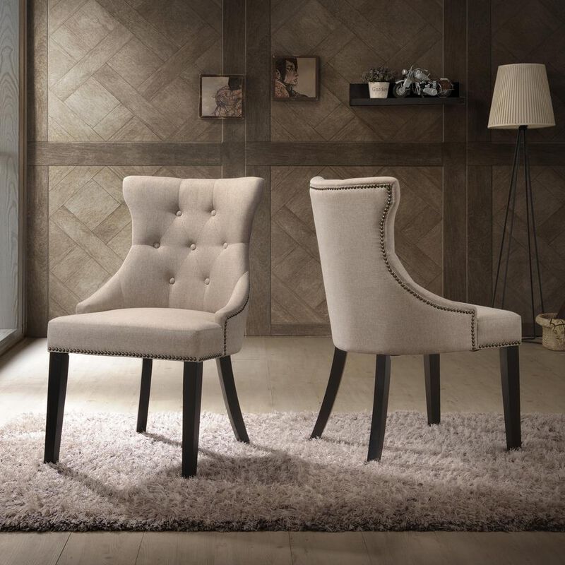 Carolina Living Tufted Back Upholstered Chair - Set of 2 - Espresso - Cream Linen Upholstery
