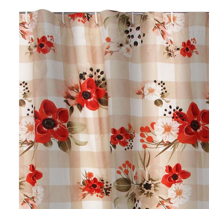 Lire 72 x 72 Inch Shower Curtain, Ruffled Rows, Floral Print, Multicolor - Benzara
