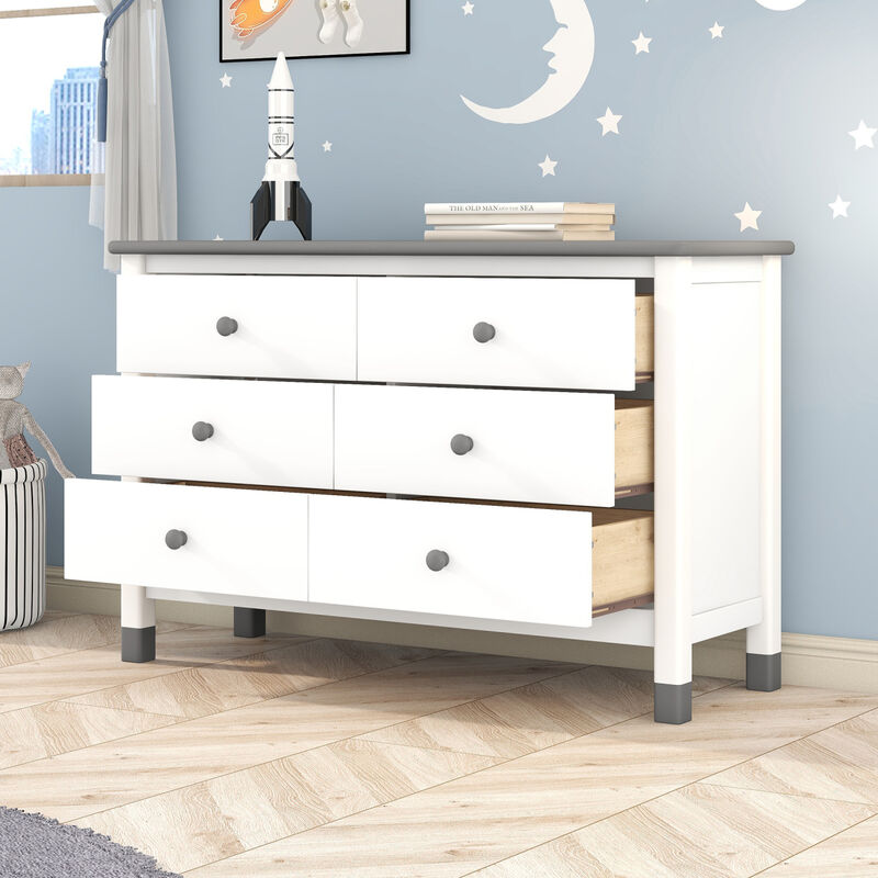 Wooden Storage Dresser With 6 Drawers, Storage Cabinet For Kids Bedroom, White+Gray