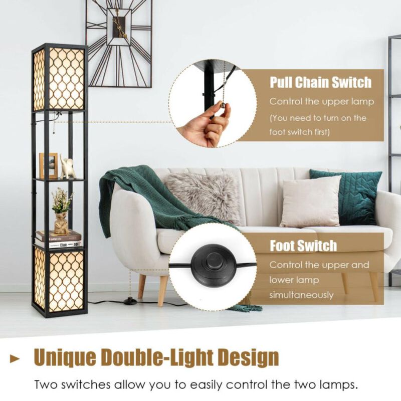 Hivvago Modern Shelf Freestanding Floor Lamp with Double Lamp Pull Chain and Foot Switch