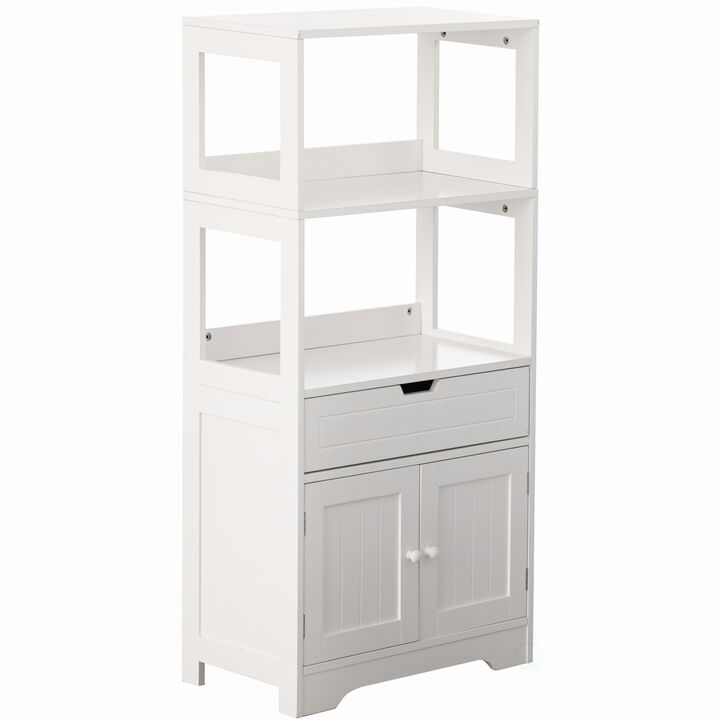 Tall Freestanding Wooden Storage Vanity, Kitchen Pantry, and Bathroom Cabinet Organizer, with 2 Open shelves, A drawer and 2 Door Cabinet, White Tall Freestanding Wooden Storage Vanity, Kitchen Pantry, and Bathroom Cabinet Organizer, with 2 Open shelves, A drawer and 2 Door Cabinet, White