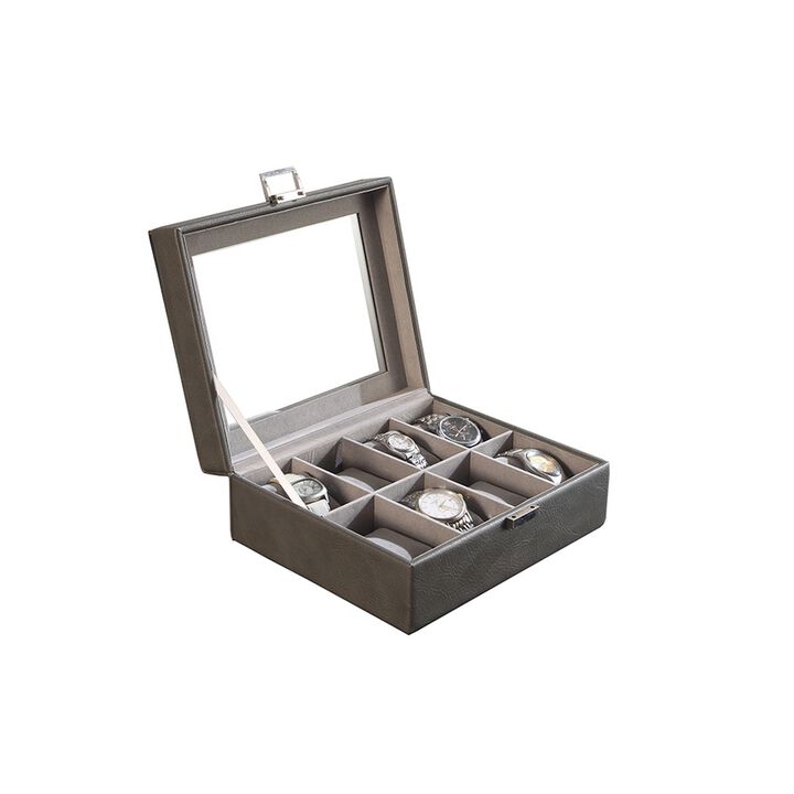 9 Inch Watch Case with 8 Spaces, Gray Faux Leather, Lined, Glass Lid, Black - Benzara