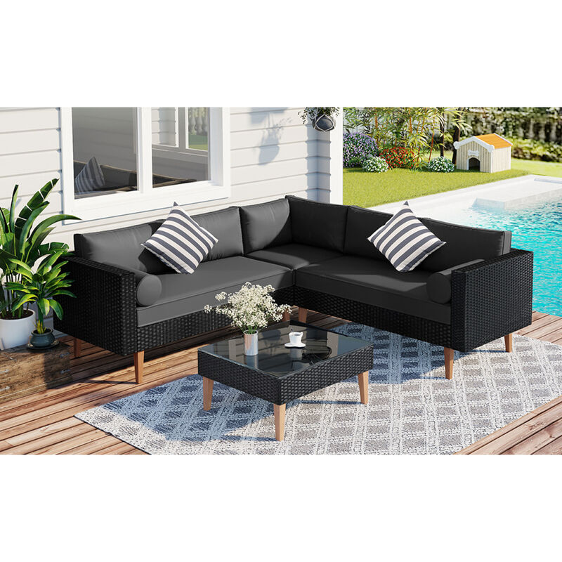 4-Pieces Outdoor Wicker Sofa Set, Patio Furniture Withful Pillows, L-Shape Sofa Set