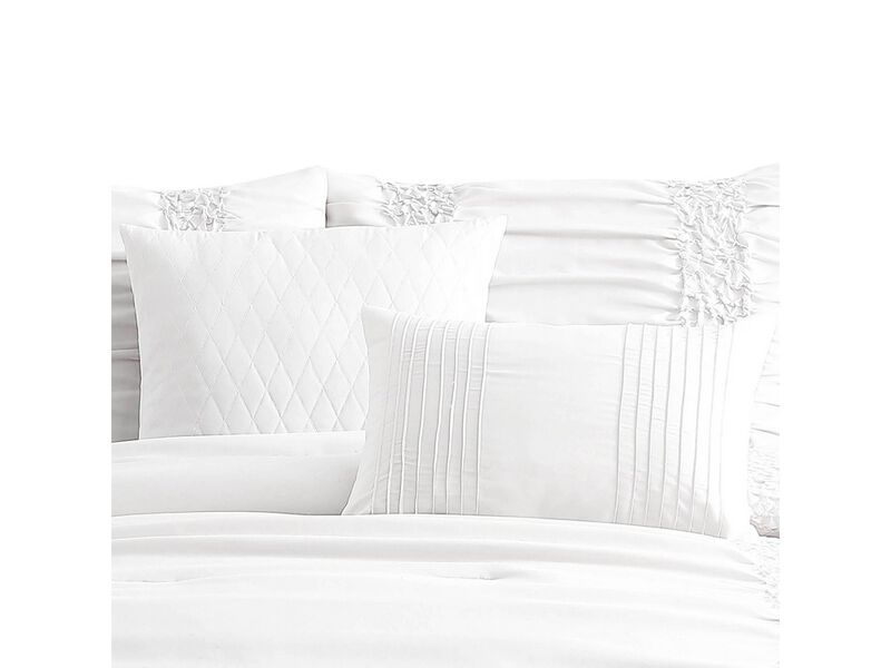 4 Piece Twin Comforter Set with Ruching Details, White - Benzara