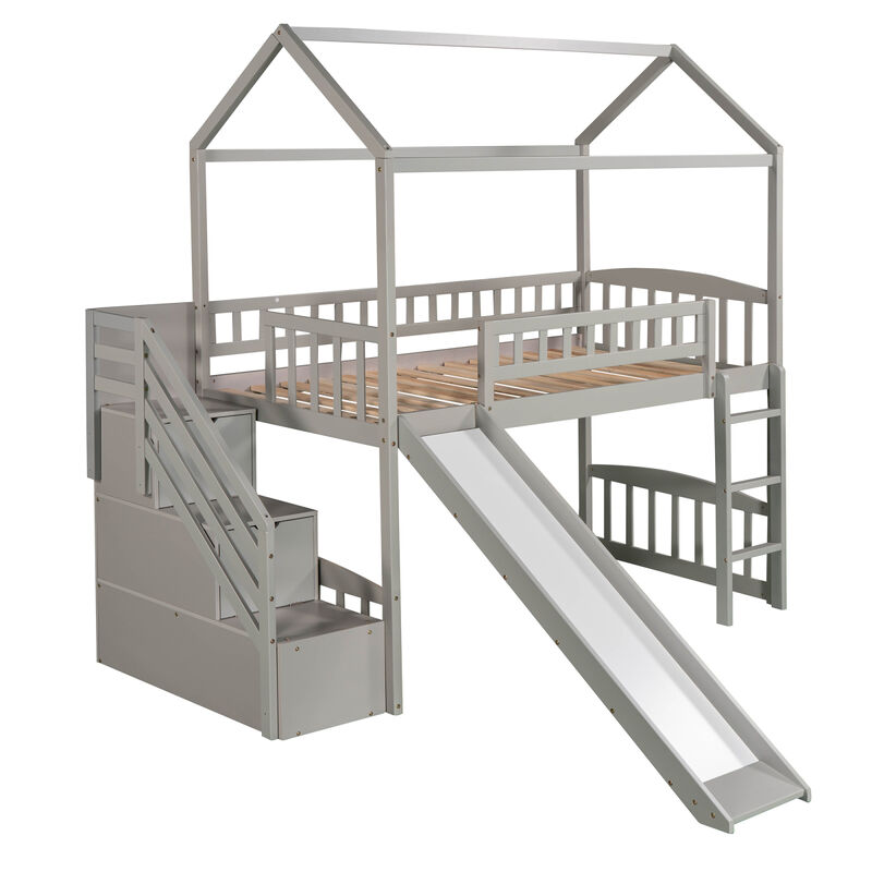 Twin Loft Bed With Two Drawers And Slide, House Bed With Slide