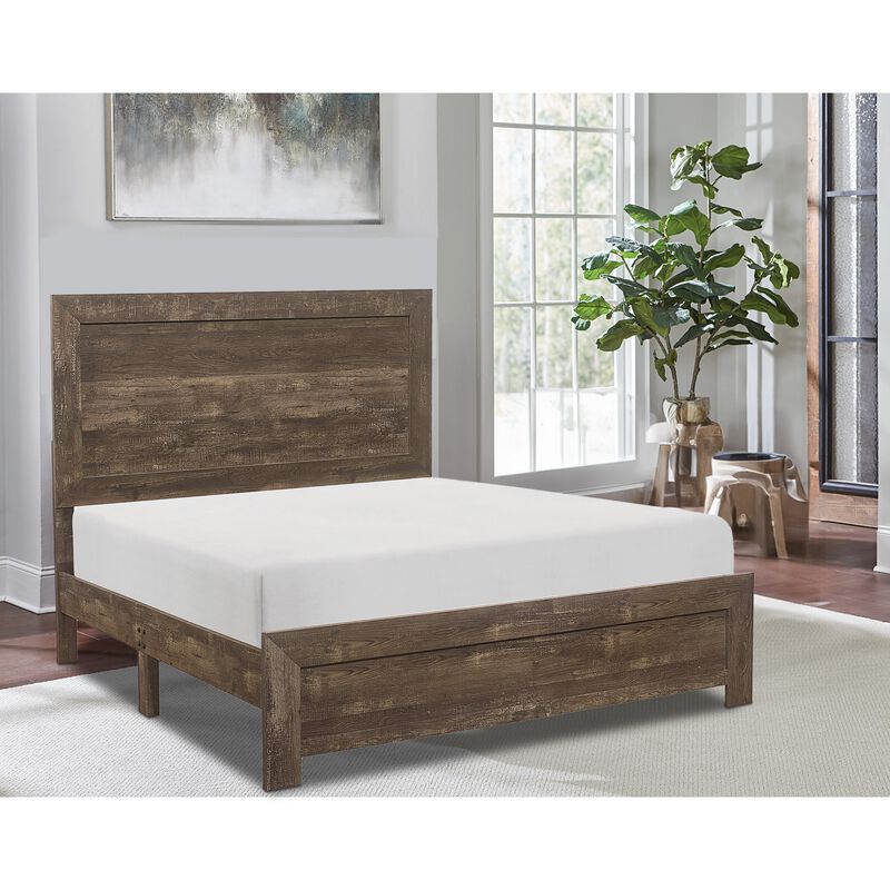 Rustic Panel Design Wooden Queen Size Bed with Block Legs Support, Brown-Benzara