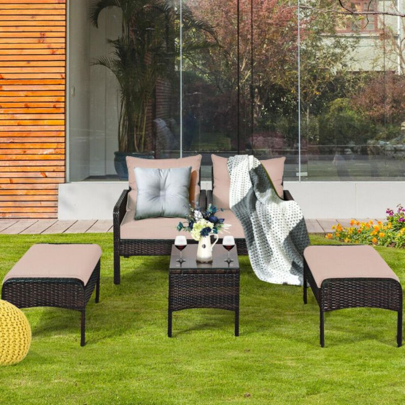 Hivvago 5 Pieces Patio Rattan Sofa Ottoman Furniture Set with Cushions