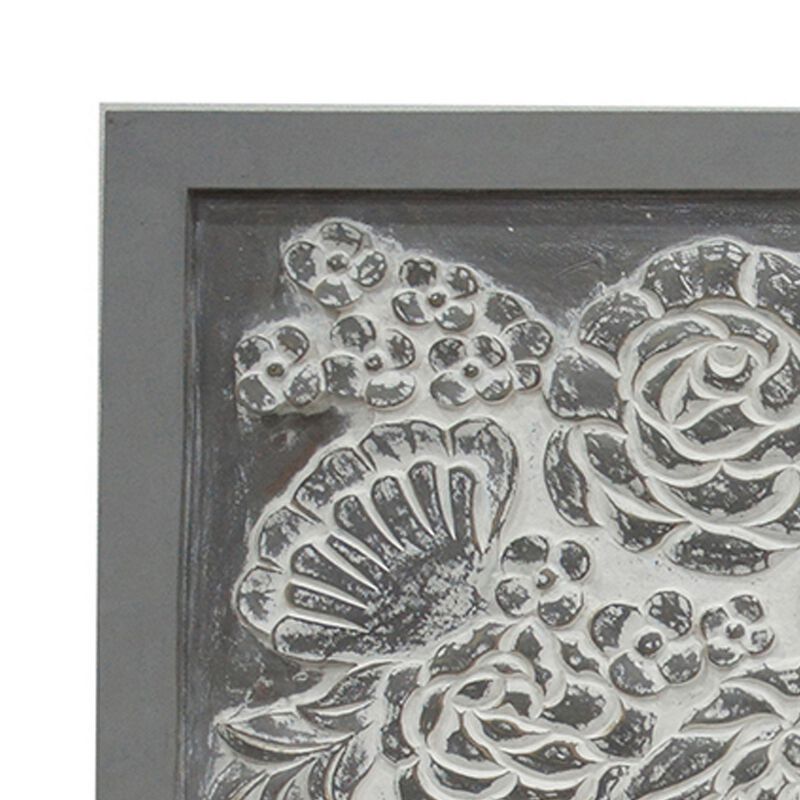 36x36 Inch Wall Art Panel, Carved Flower Vase Design, Gray White Wood - Benzara