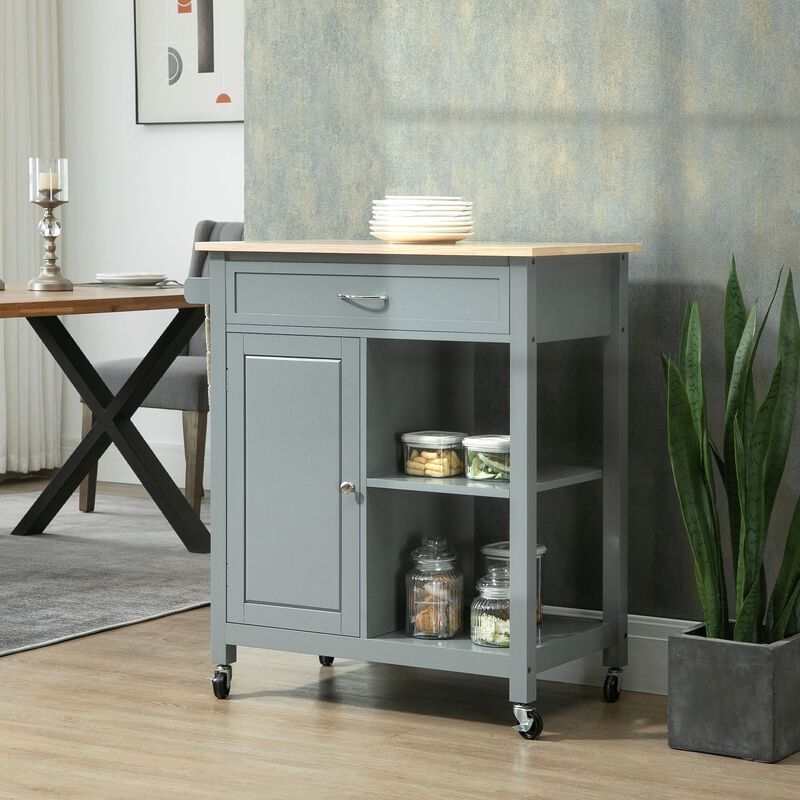 Gray Kitchen Trolley: Utility Cart with Wood Top & Drawer