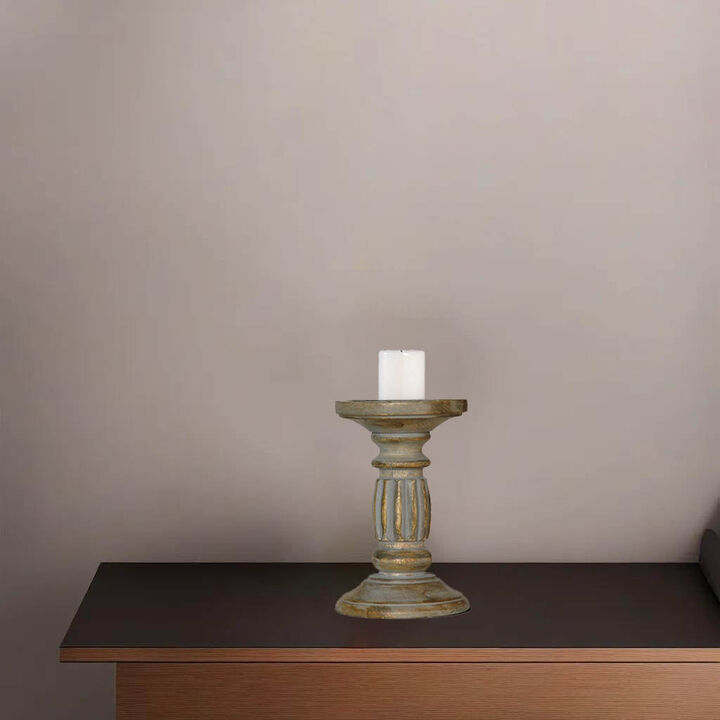 Traditional Gray Wash Eco-friendly Handmade Mango Wood Set Of One 6" Pillar Candle Holder